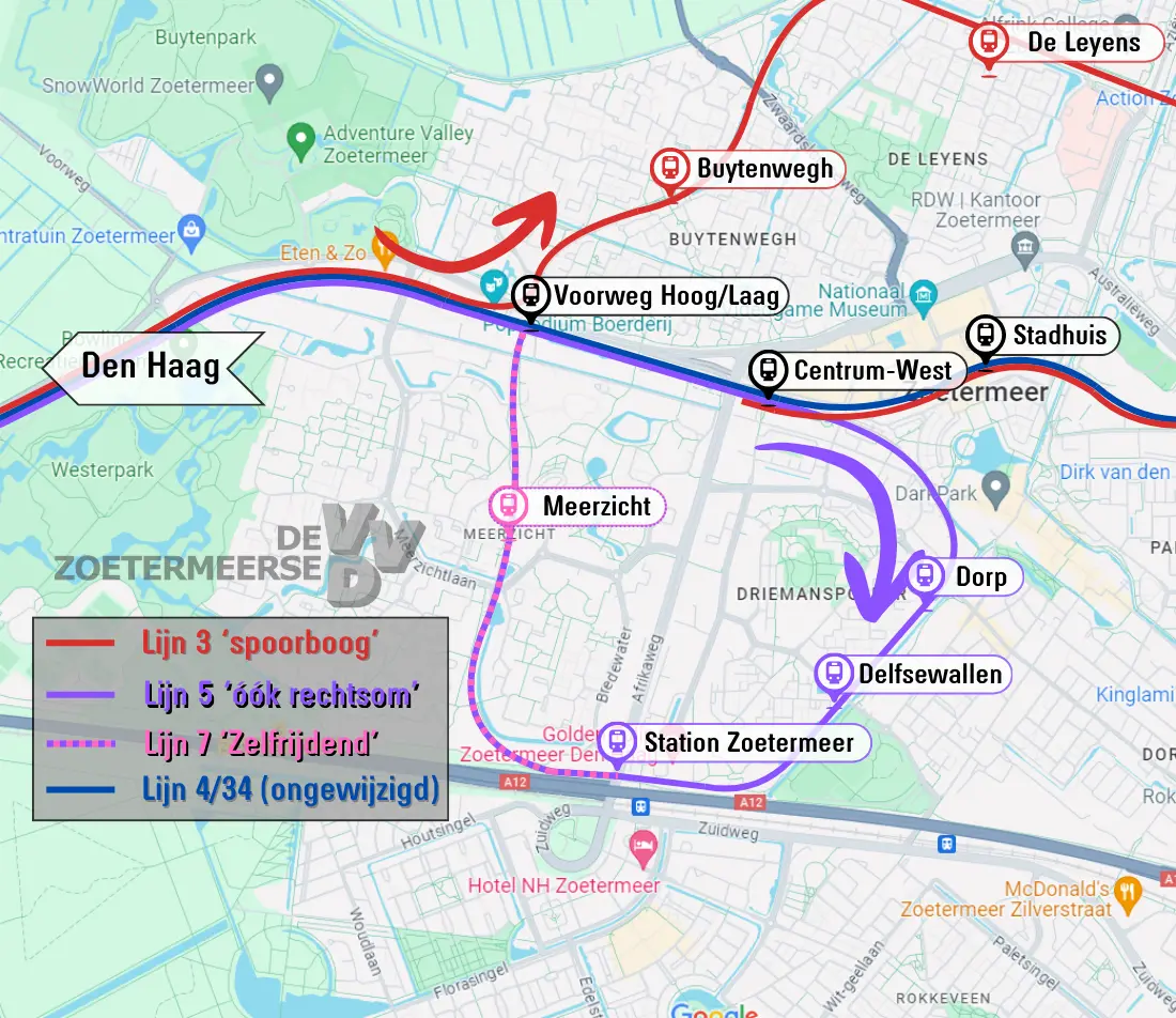 Een kaart van een deel van Zoetermeer met daarop de routes van de gewijzigde RandstadRail lijn 3 en nieuwe RandstadRail lijn 5.