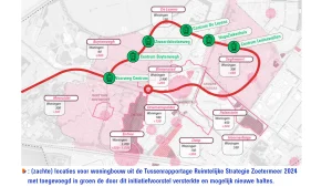 Een kaart van Zoetermeer met daarop zichtbaar gemaakt welke bestaande en mogelijk nieuwe haltelocaties versterkt worden door de voorgestelde spoorboog. De locaties zijn Voorweg Centrum, Centrum Buytenwegh, Kruising met de Zwaardslootseweg, Centrum De Leyens, Hagaziekenhuis, Centrum Leidsewallen.
