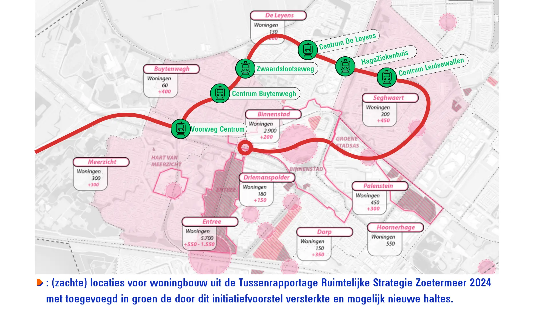 Een kaart van Zoetermeer met daarop zichtbaar gemaakt welke bestaande en mogelijk nieuwe haltelocaties versterkt worden door de voorgestelde spoorboog. De locaties zijn Voorweg Centrum, Centrum Buytenwegh, Kruising met de Zwaardslootseweg, Centrum De Leyens, Hagaziekenhuis, Centrum Leidsewallen.
