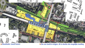 Een indicatieve visualisatie van de bouwblokken conform de voorgestelde plannen kijkende vanuit de lucht recht naar beneden