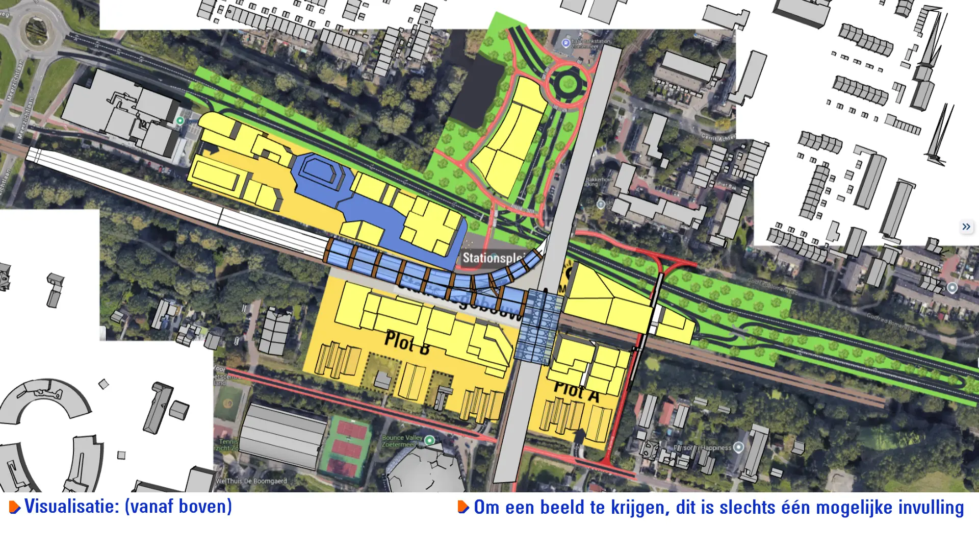 Een indicatieve visualisatie van de bouwblokken conform de voorgestelde plannen kijkende vanuit de lucht recht naar beneden