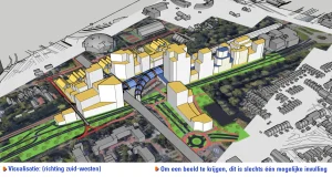 Een indicatieve visualisatie van de bouwblokken conform de voorgestelde plannen kijkende vanuit de lucht richting het zuid-westen
