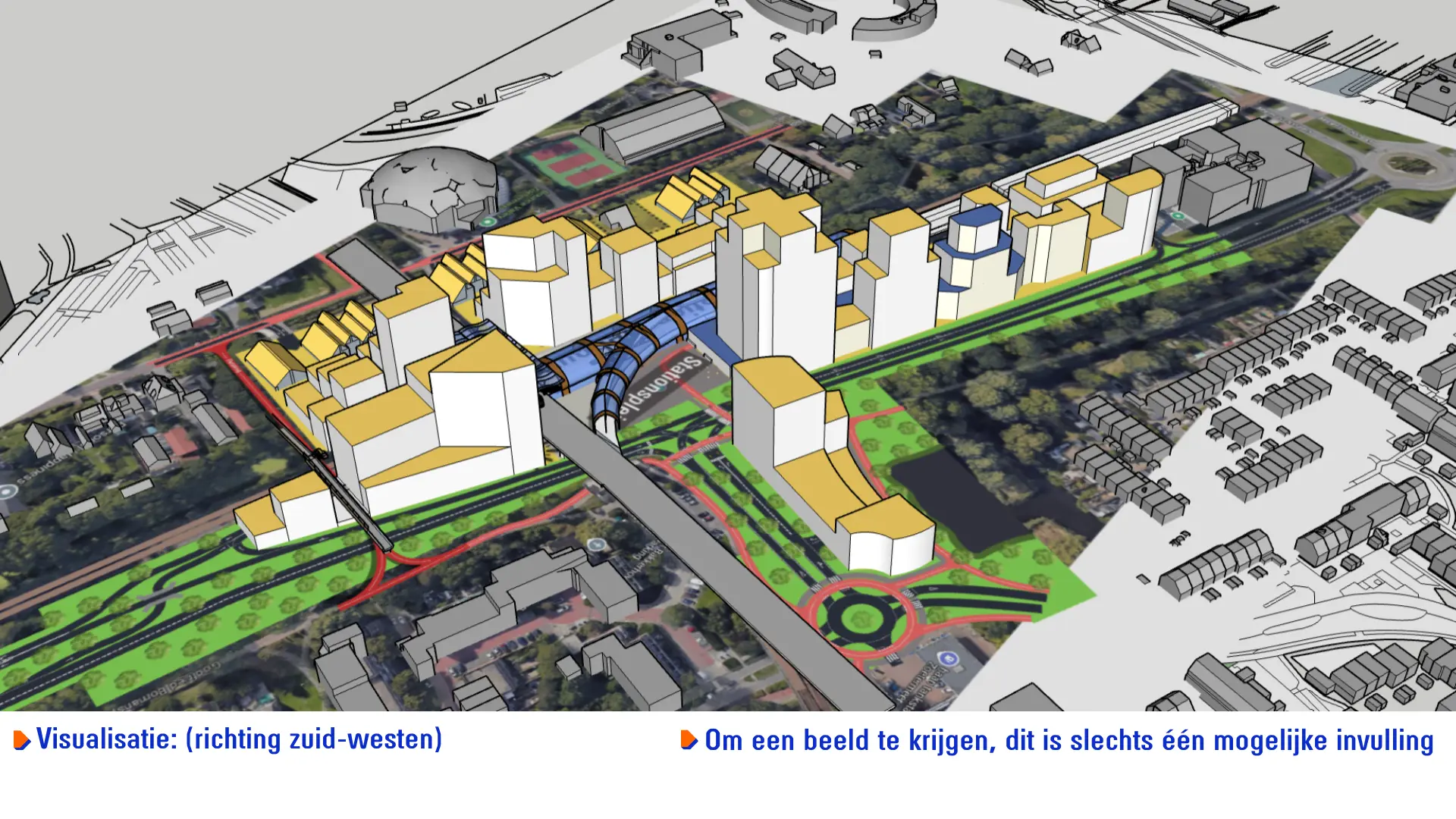 Een indicatieve visualisatie van de bouwblokken conform de voorgestelde plannen kijkende vanuit de lucht richting het zuid-westen