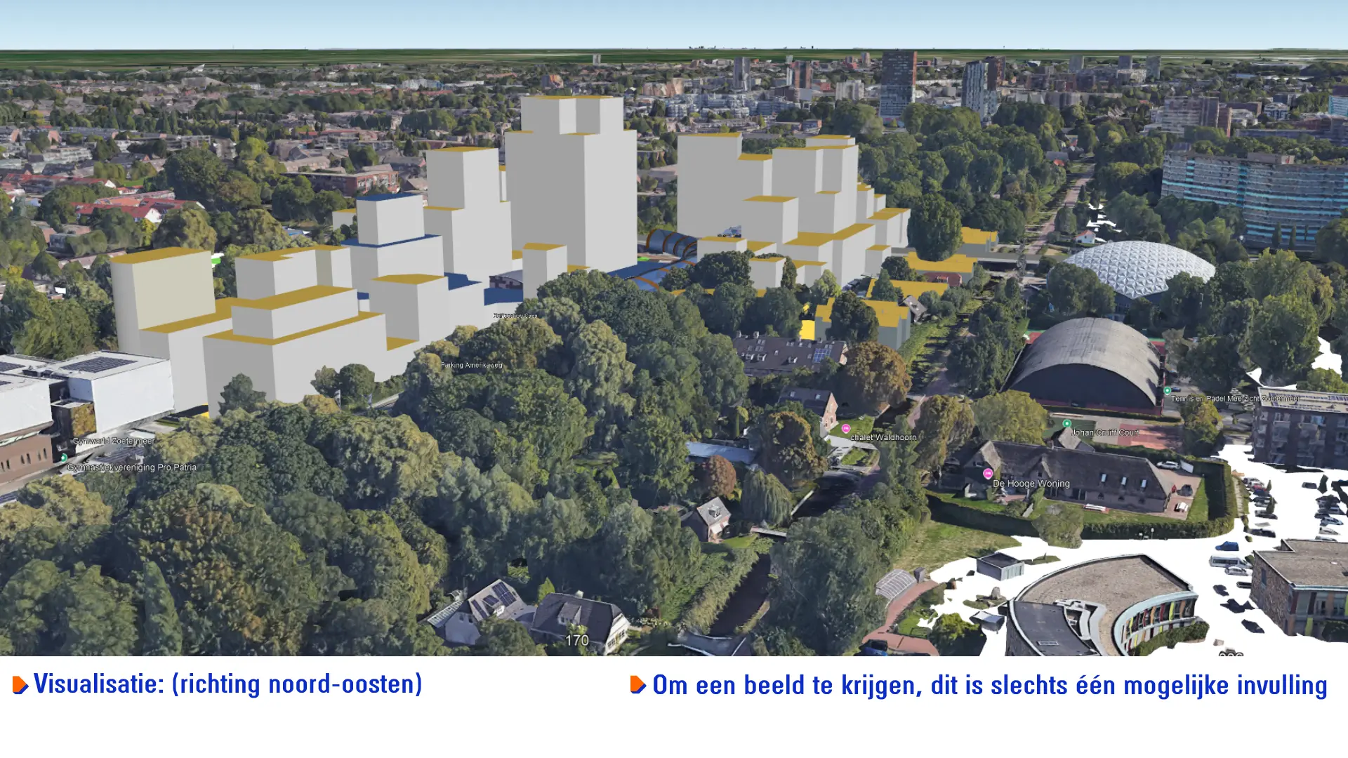 Een indicatieve visualisatie van de bouwblokken conform de voorgestelde plannen kijkende vanuit de lucht richting het noord-oosten