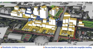 Een indicatieve visualisatie van de bouwblokken conform de voorgestelde plannen kijkende vanuit de lucht richting het noorden