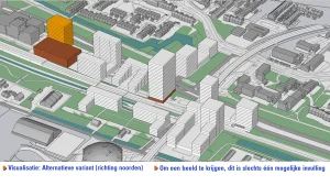 Een alternatieve indicatieve visualisatie van de bouwblokken conform de voorgestelde plannen kijkende vanuit de lucht richting het noorden