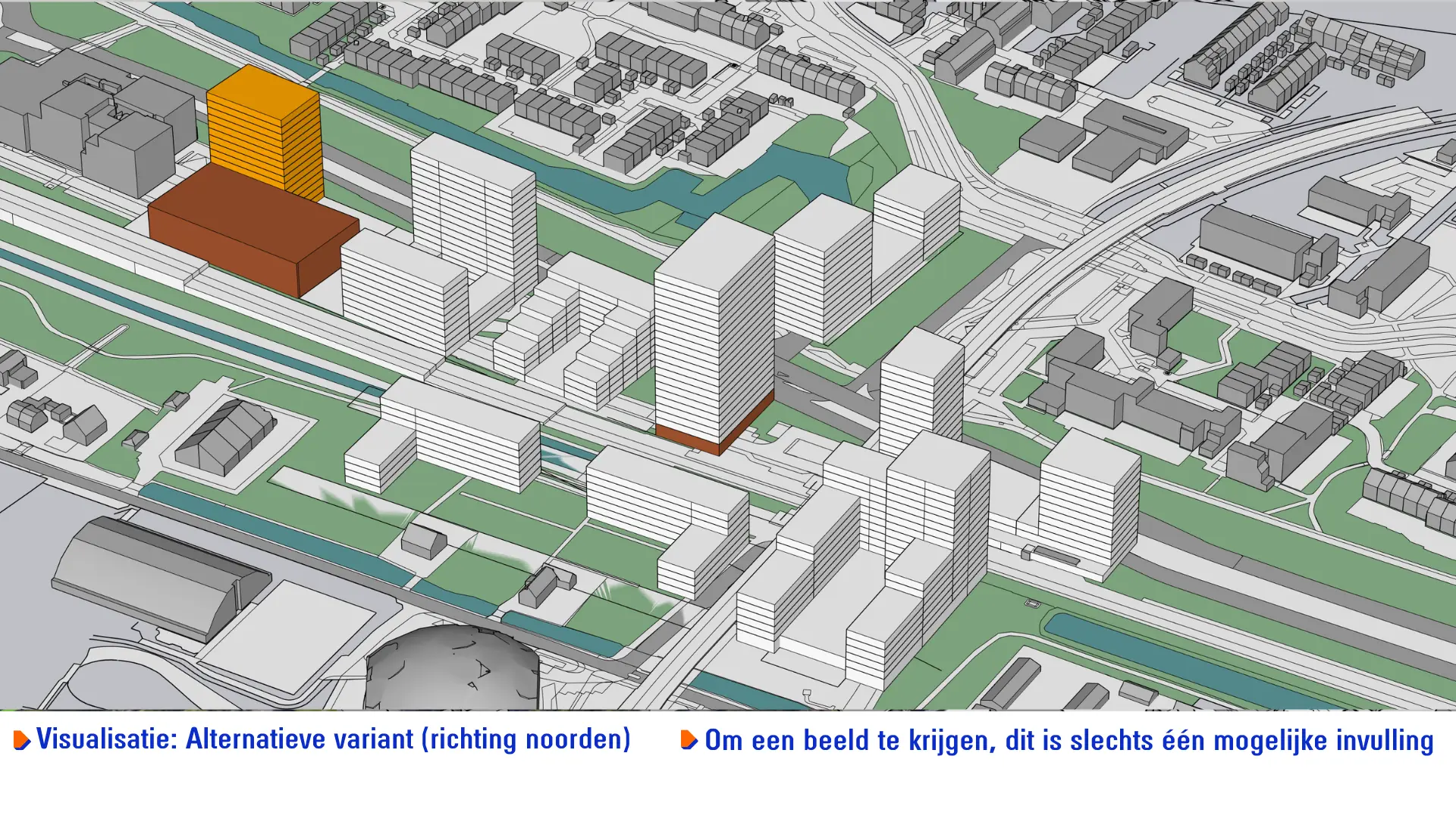 Een alternatieve indicatieve visualisatie van de bouwblokken conform de voorgestelde plannen kijkende vanuit de lucht richting het noorden