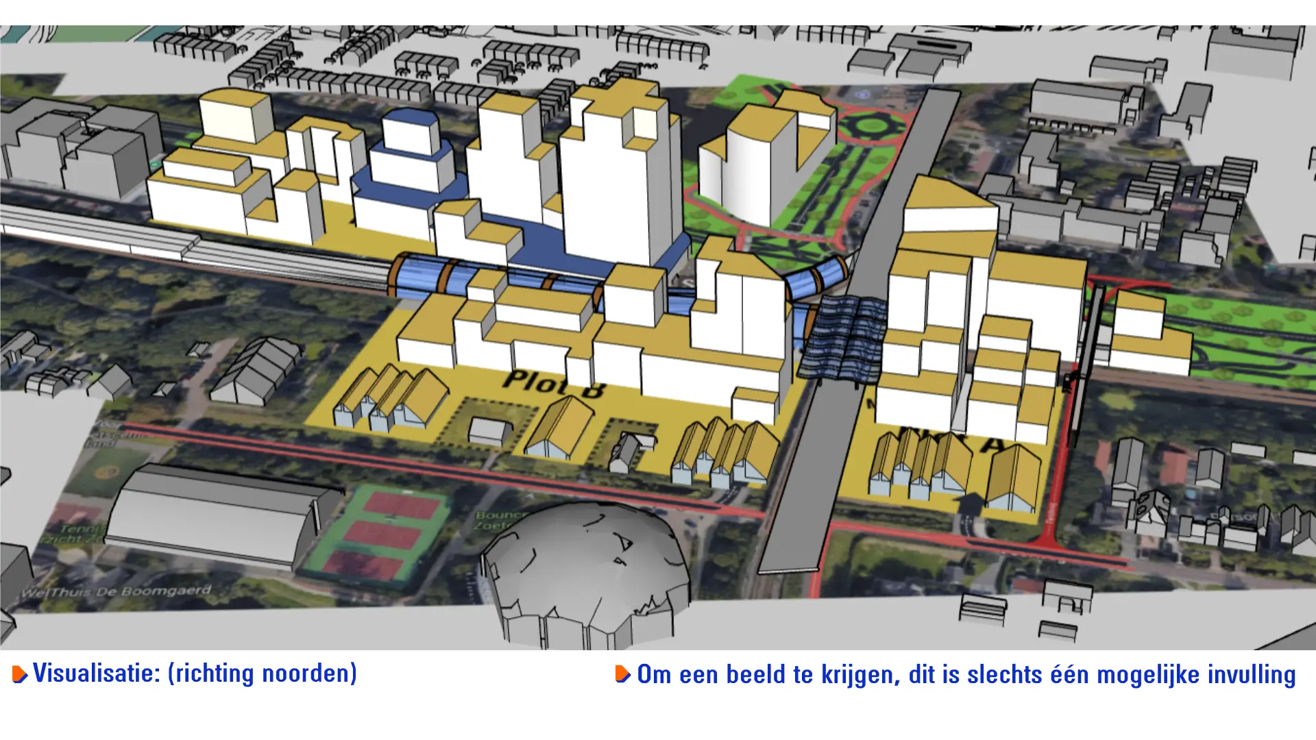 Een indicatieve visualisatie van de bouwblokken conform de voorgestelde plannen kijkende vanuit de lucht richting het noorden