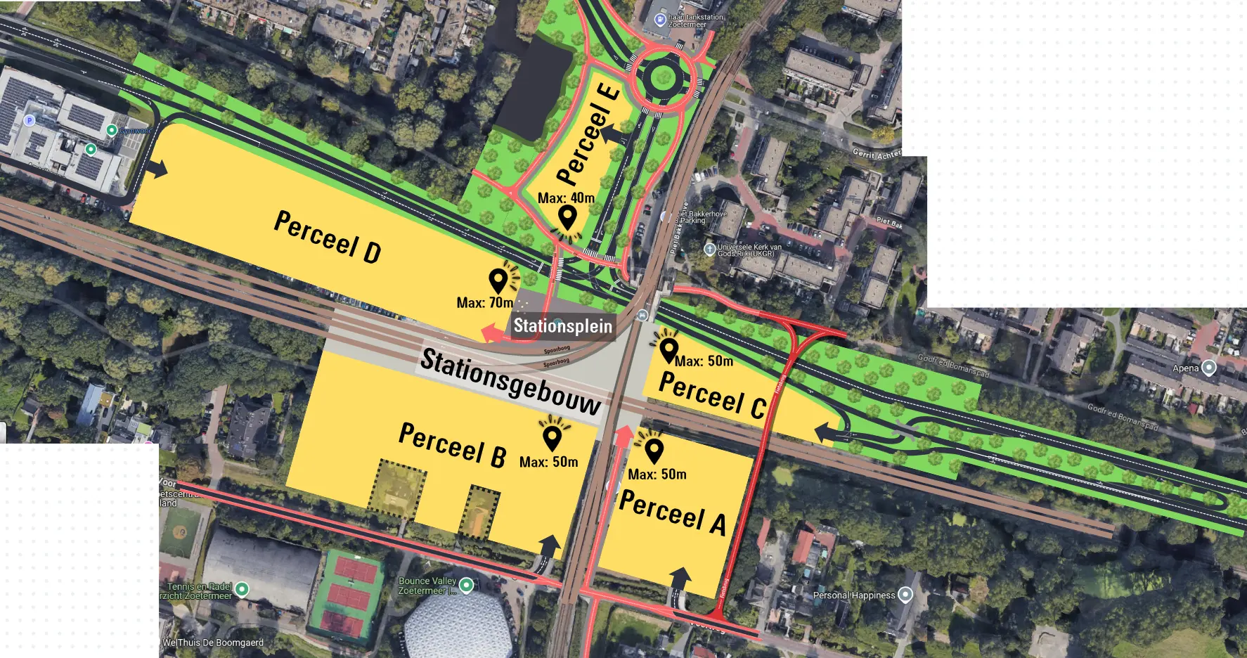 Een schematische weergave van de ligging van de vijf percelen over de satellietfoto van het gebied Voorweg Centrum